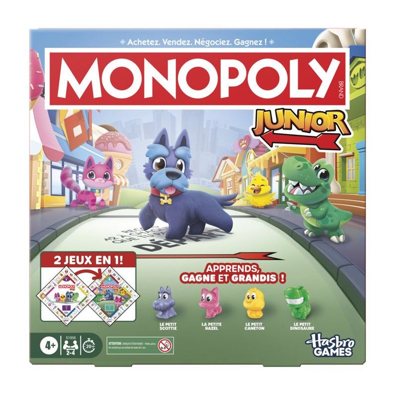 Monopoly Junior 2 en 1 carré (édition 2026), Jeu de Plateau, Plateau