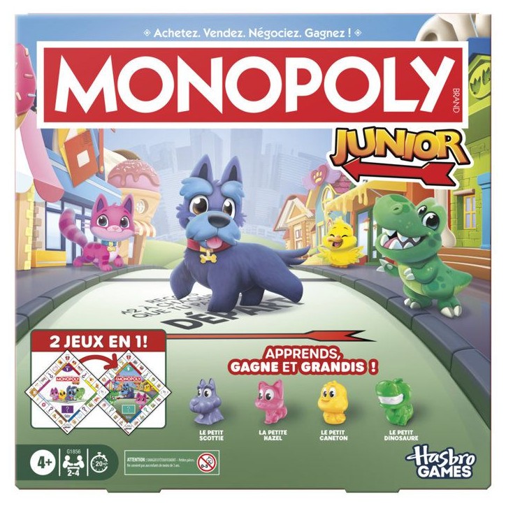 Monopoly Junior 2 en 1 carré (édition 2026), Jeu de Plateau, Plateau réversible, 2 a 4 Joueurs, 20 Min, Version française, d Monopoly Junior 2 en 1 carré (édition 2026), Jeu de Plateau, Plateau réversible, 2 a 4 Joueurs, 20 Min, Version française, d