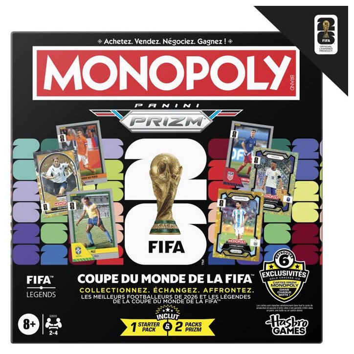 Monopoly Coupe du monde FIFA 2026, jeu de société de football avec booster cartes Panini Prizm FIFA World Cup 2026, des 8 ans Monopoly Coupe du monde FIFA 2026, jeu de société de football avec booster cartes Panini Prizm FIFA World Cup 2026, des 8 ans