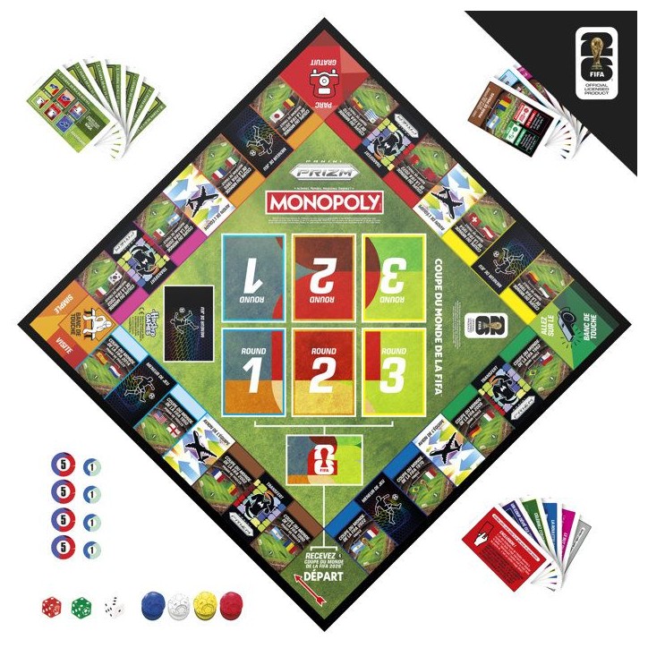 Monopoly Coupe du monde FIFA 2026, jeu de société de football avec booster cartes Panini Prizm FIFA World Cup 2026, des 8 ans Monopoly Coupe du monde FIFA 2026, jeu de société de football avec booster cartes Panini Prizm FIFA World Cup 2026, des 8 ans