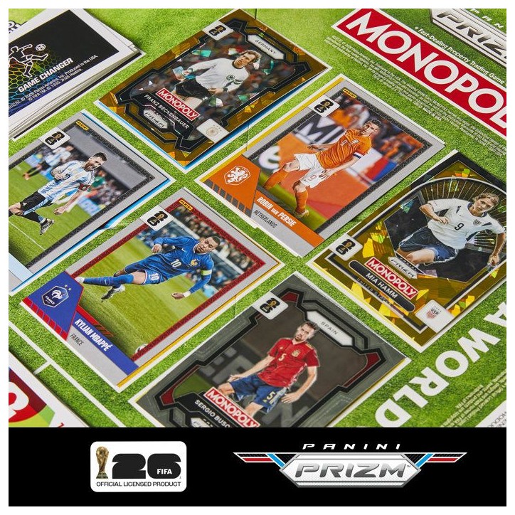 Monopoly Coupe du monde FIFA 2026, jeu de société de football avec booster cartes Panini Prizm FIFA World Cup 2026, des 8 ans Monopoly Coupe du monde FIFA 2026, jeu de société de football avec booster cartes Panini Prizm FIFA World Cup 2026, des 8 ans