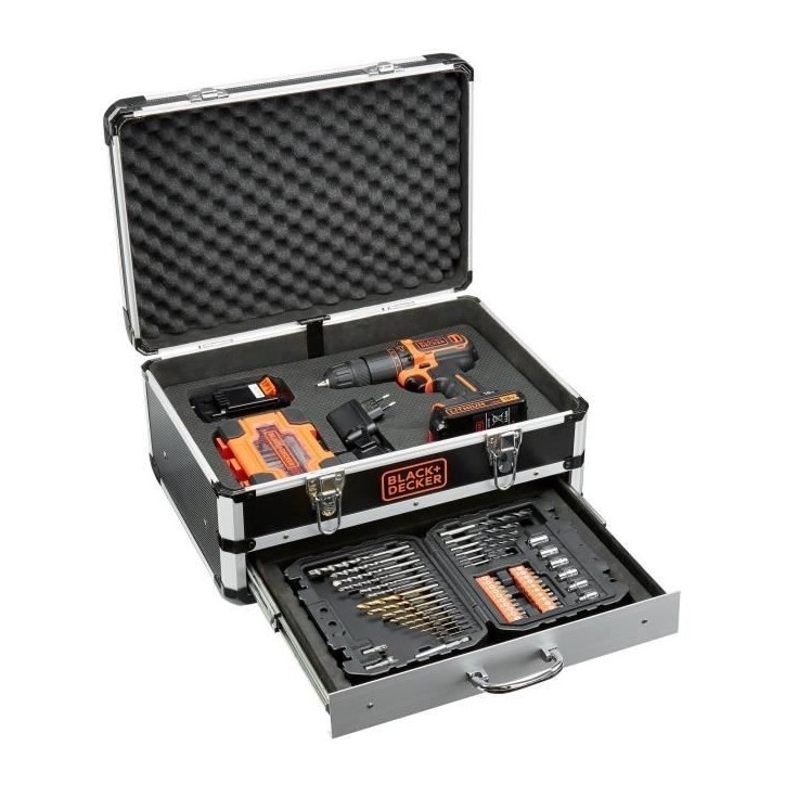 Kit perceuse a percussion sans fil - 18V - BLACK+DECKER - BDC718AS2F-QW - 2 batteries - chargeur - malette + 80 accessoires Kit perceuse a percussion sans fil - 18V - BLACK+DECKER - BDC718AS2F-QW - 2 batteries - chargeur - malette + 80 accessoires