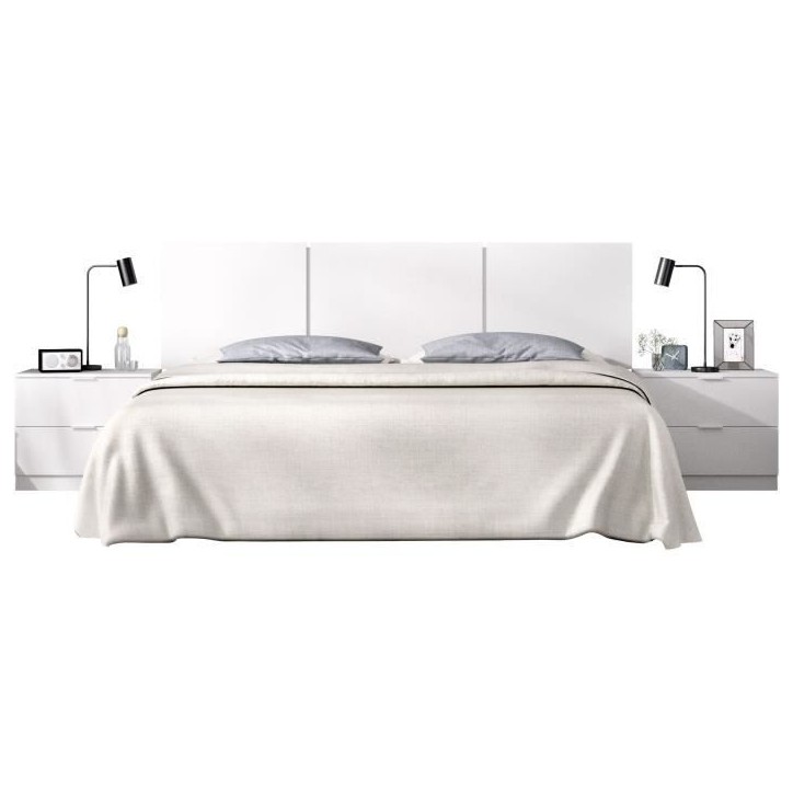 Tete de lit avec chevets intégrés - HAVANA - Blanc - 256,8 x 34,2 x 96 cm Tete de lit avec chevets intégrés - HAVANA - Blanc - 256,8 x 34,2 x 96 cm