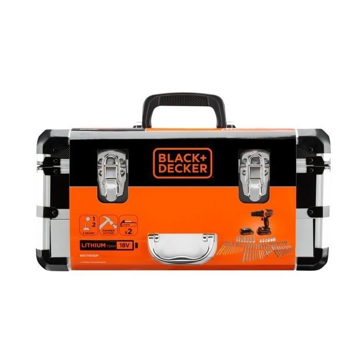 Kit perceuse a percussion sans fil - 18V - BLACK+DECKER - BDC718AS2F-QW - 2 batteries - chargeur - malette + 80 accessoires Kit perceuse a percussion sans fil - 18V - BLACK+DECKER - BDC718AS2F-QW - 2 batteries - chargeur - malette + 80 accessoires
