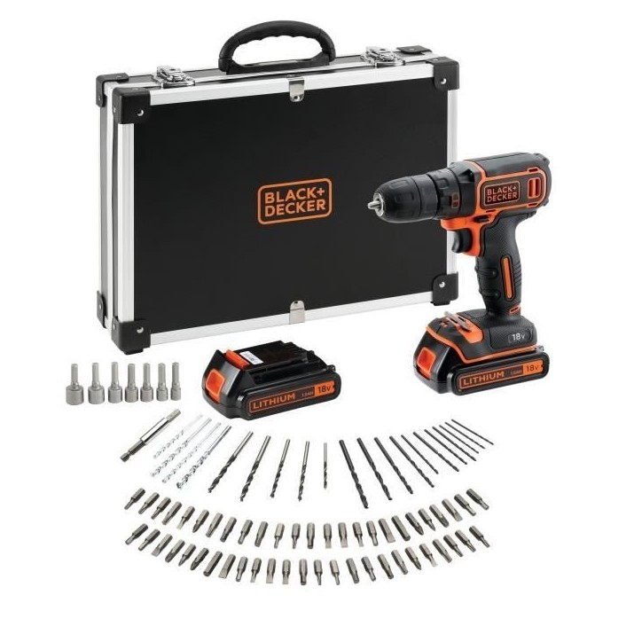 Kit perceuse visseuse sans fil - 18V - BLACK+DECKER - BDCDC18BAFC-QW - 2 batteries - chargeur - coffret + 80 accessoires Kit perceuse visseuse sans fil - 18V - BLACK+DECKER - BDCDC18BAFC-QW - 2 batteries - chargeur - coffret + 80 accessoires