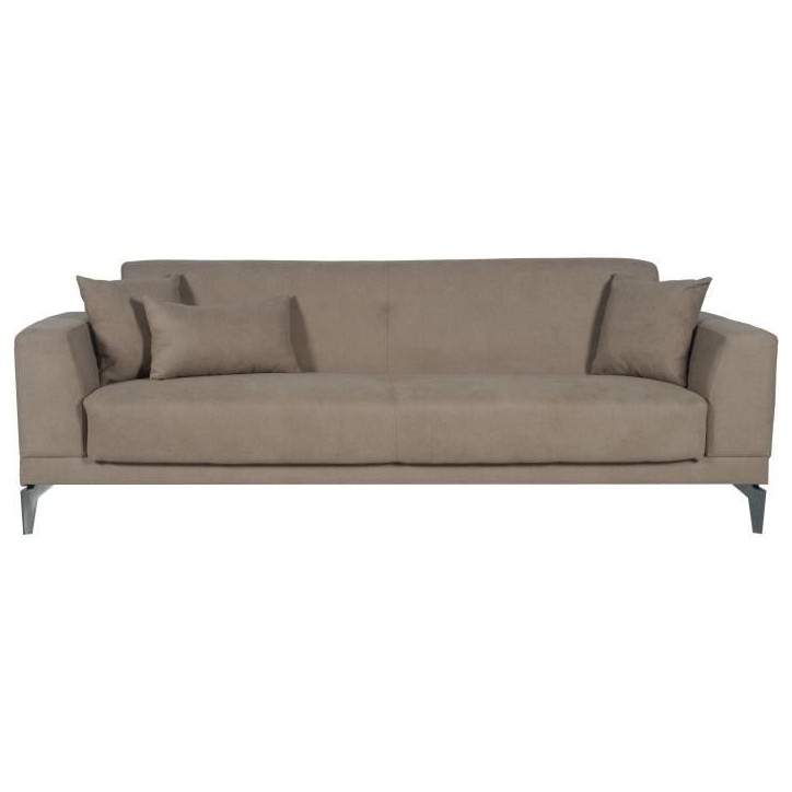 Canapé convertible 3 places - HENRY - Tissu marron - 3 coussins - coffre de rangement - 234 x 85 x 84 cm Canapé convertible 3 places - HENRY - Tissu marron - 3 coussins - coffre de rangement - 234 x 85 x 84 cm