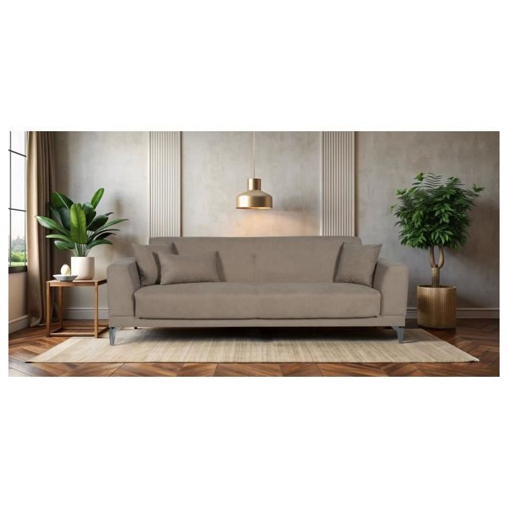 Canapé convertible 3 places - HENRY - Tissu marron - 3 coussins - coffre de rangement - 234 x 85 x 84 cm Canapé convertible 3 places - HENRY - Tissu marron - 3 coussins - coffre de rangement - 234 x 85 x 84 cm
