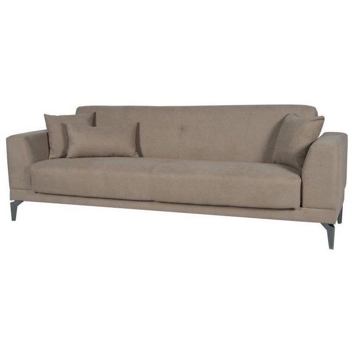 Canapé convertible 3 places - HENRY - Tissu marron - 3 coussins - coffre de rangement - 234 x 85 x 84 cm Canapé convertible 3 places - HENRY - Tissu marron - 3 coussins - coffre de rangement - 234 x 85 x 84 cm