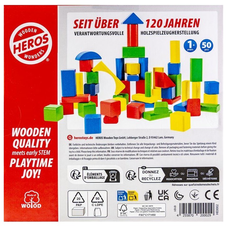 HEROS - Blocs de construction en bois colorés 100 % certifié FSC - 50 pieces - Des 1 ans HEROS - Blocs de construction en bois colorés 100 % certifié FSC - 50 pieces - Des 1 ans