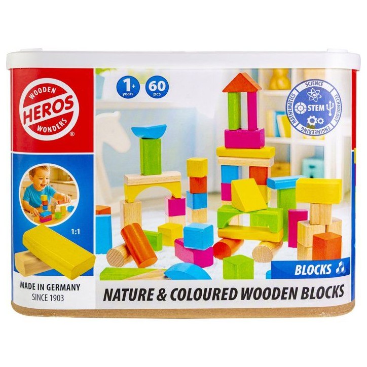 HEROS - Blocs de construction en bois colorés 100 % certifié FSC - 60 pieces - Des 1 ans HEROS - Blocs de construction en bois colorés 100 % certifié FSC - 60 pieces - Des 1 ans