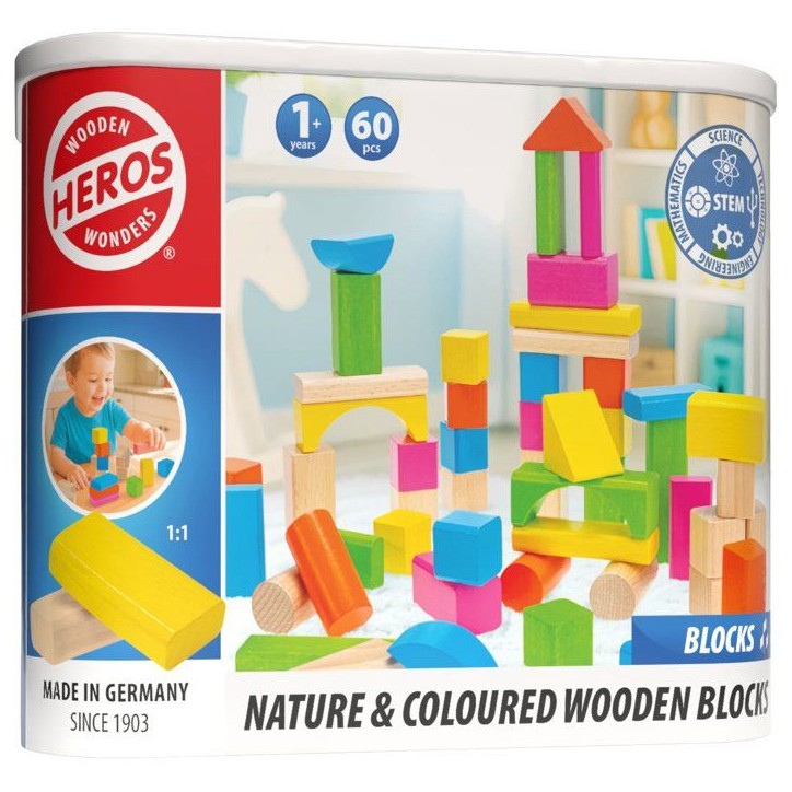 HEROS - Blocs de construction en bois colorés 100 % certifié FSC - 60 pieces - Des 1 ans HEROS - Blocs de construction en bois colorés 100 % certifié FSC - 60 pieces - Des 1 ans