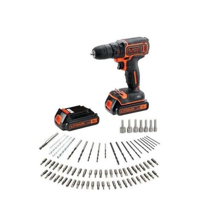 Kit perceuse visseuse sans fil - 18V - BLACK+DECKER - BDCDC18BAFC-QW - 2 batteries - chargeur - coffret + 80 accessoires Kit perceuse visseuse sans fil - 18V - BLACK+DECKER - BDCDC18BAFC-QW - 2 batteries - chargeur - coffret + 80 accessoires