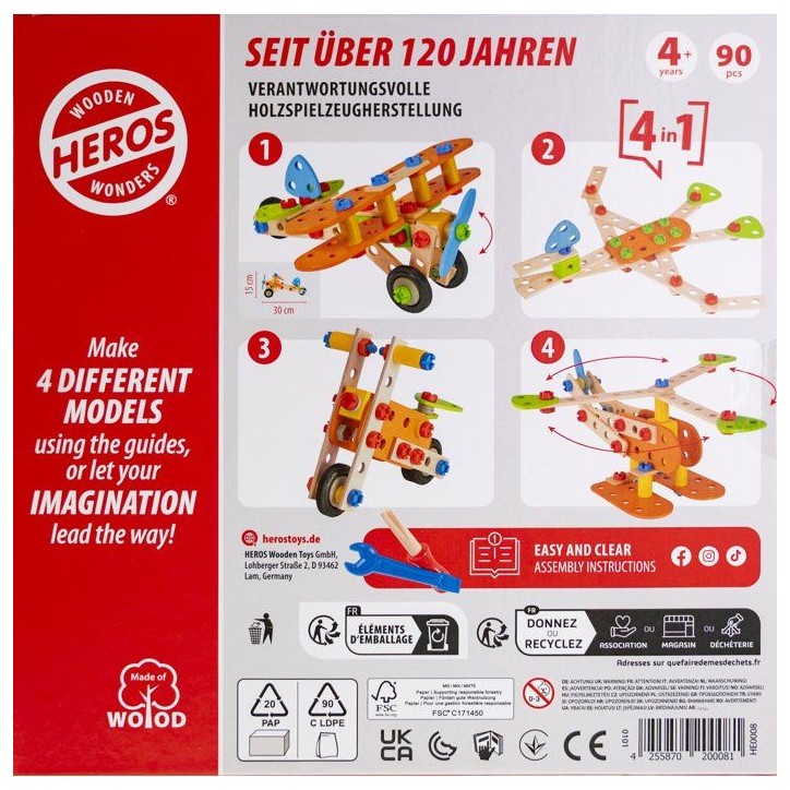 HEROS Constructor - Avion Biplan a construire - En bois 100 % certifié FSC - 90 pieces - Des 4 ans HEROS Constructor - Avion Biplan a construire - En bois 100 % certifié FSC - 90 pieces - Des 4 ans