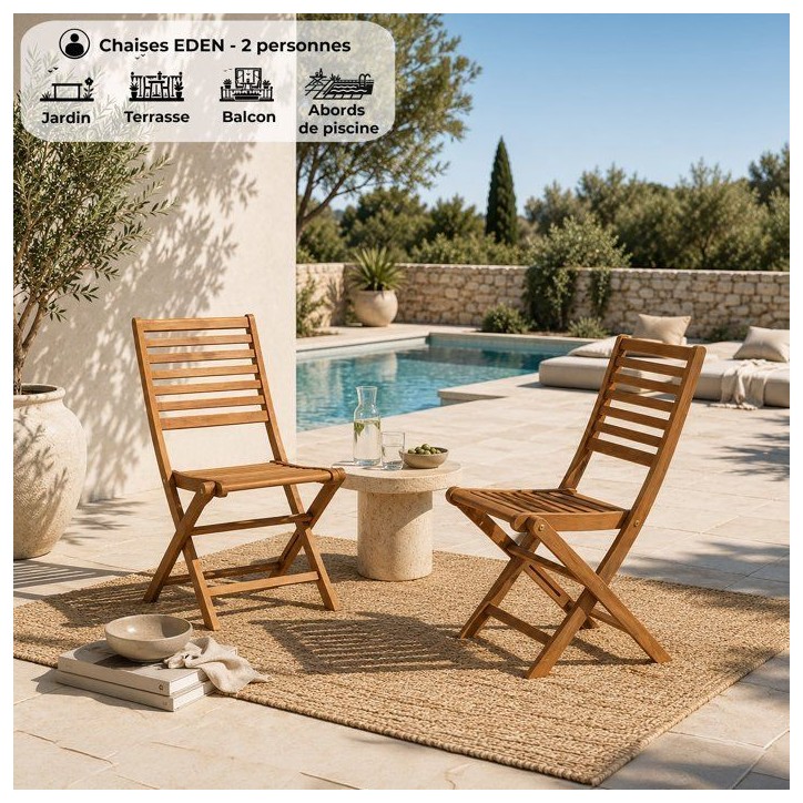 Lot de 2 chaises de jardin pliantes - EDEN - Bois Eucalyptus FSC - 57,5 x 46,5 x H90 cm Lot de 2 chaises de jardin pliantes - EDEN - Bois Eucalyptus FSC - 57,5 x 46,5 x H90 cm