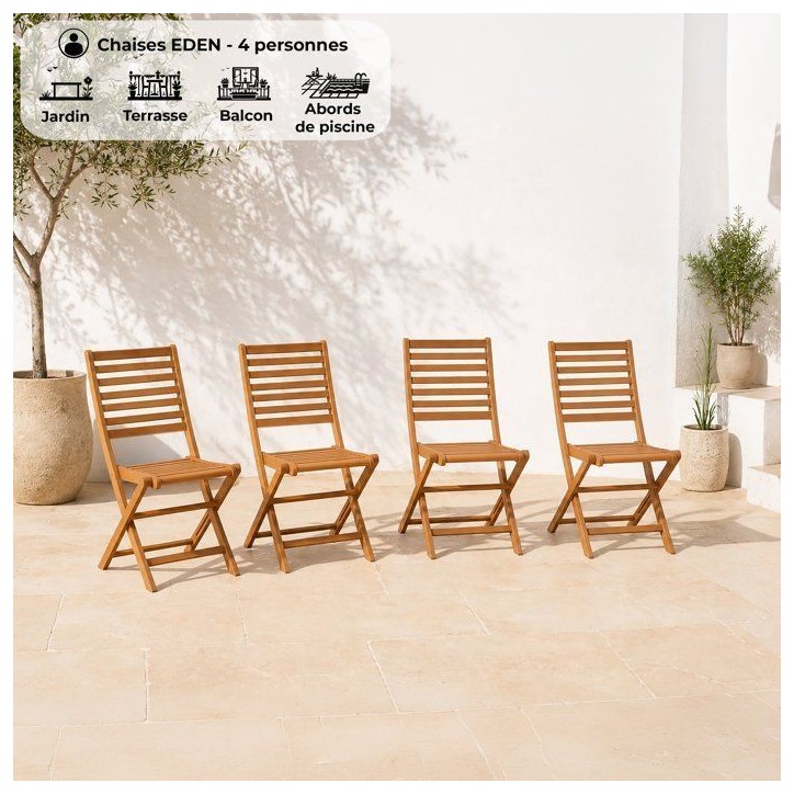 Lot de 4 chaises de jardin pliantes - EDEN - Bois Eucalyptus FSC - 57,5 x 46,5 x H90 cm Lot de 4 chaises de jardin pliantes - EDEN - Bois Eucalyptus FSC - 57,5 x 46,5 x H90 cm