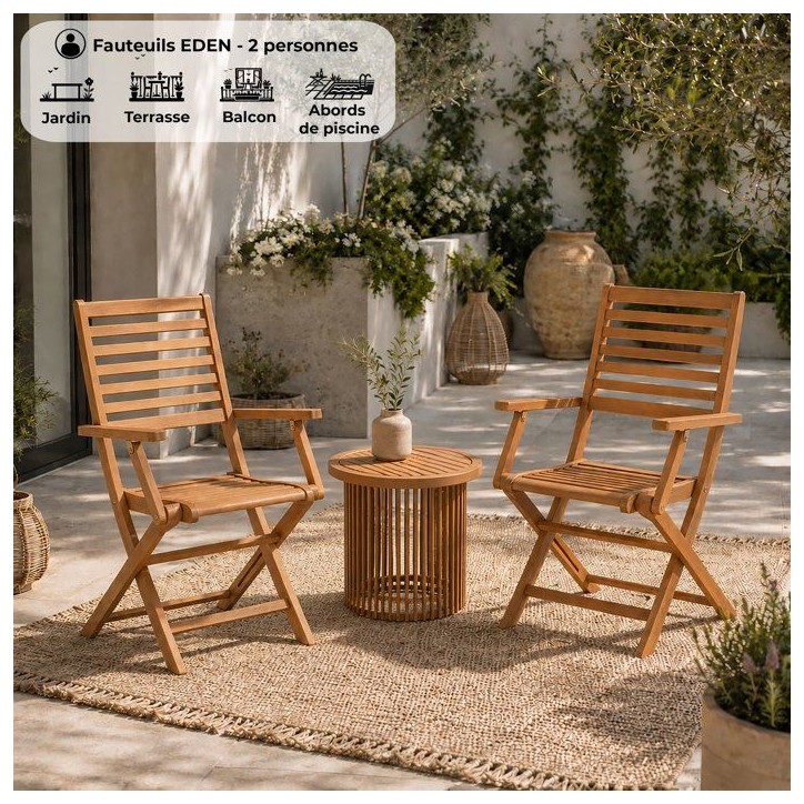 Lot de 2 fauteuils de jardin pliants - EDEN - Bois Eucalyptus FSC - 57,5 x 52,5 x H91 cm Lot de 2 fauteuils de jardin pliants - EDEN - Bois Eucalyptus FSC - 57,5 x 52,5 x H91 cm