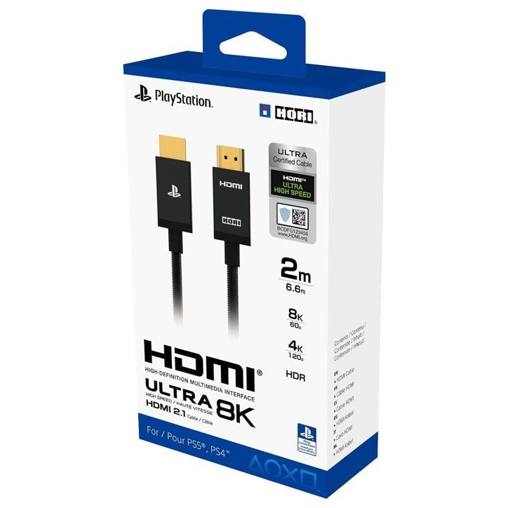 Câble HDMI 2.1 - Hori - PlayStation - Ultra haute vitesse pour PS5 - Compatibilité 8K, 4K et HDR - Nylon - Longueur 2 m - Noir Câble HDMI 2.1 - Hori - PlayStation - Ultra haute vitesse pour PS5 - Compatibilité 8K, 4K et HDR - Nylon - Longueur 2 m - Noir