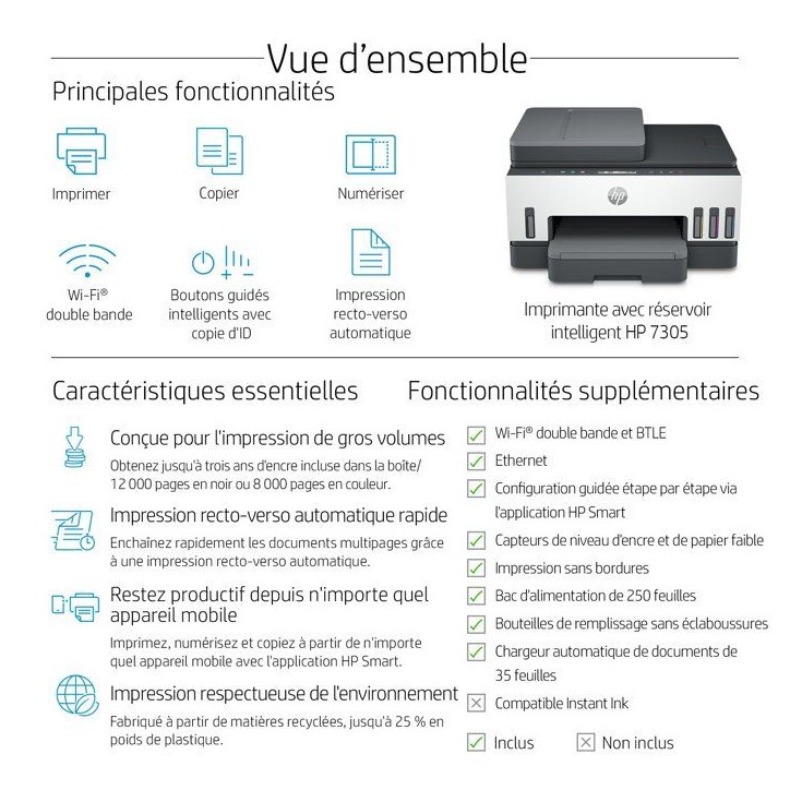 Imprimante Tout-en-un HP Smart Tank 7305 - Jet d'encre thermique - Couleur - A réservoir d'encre Imprimante Tout-en-un HP Smart Tank 7305 - Jet d'encre thermique - Couleur - A réservoir d'encre