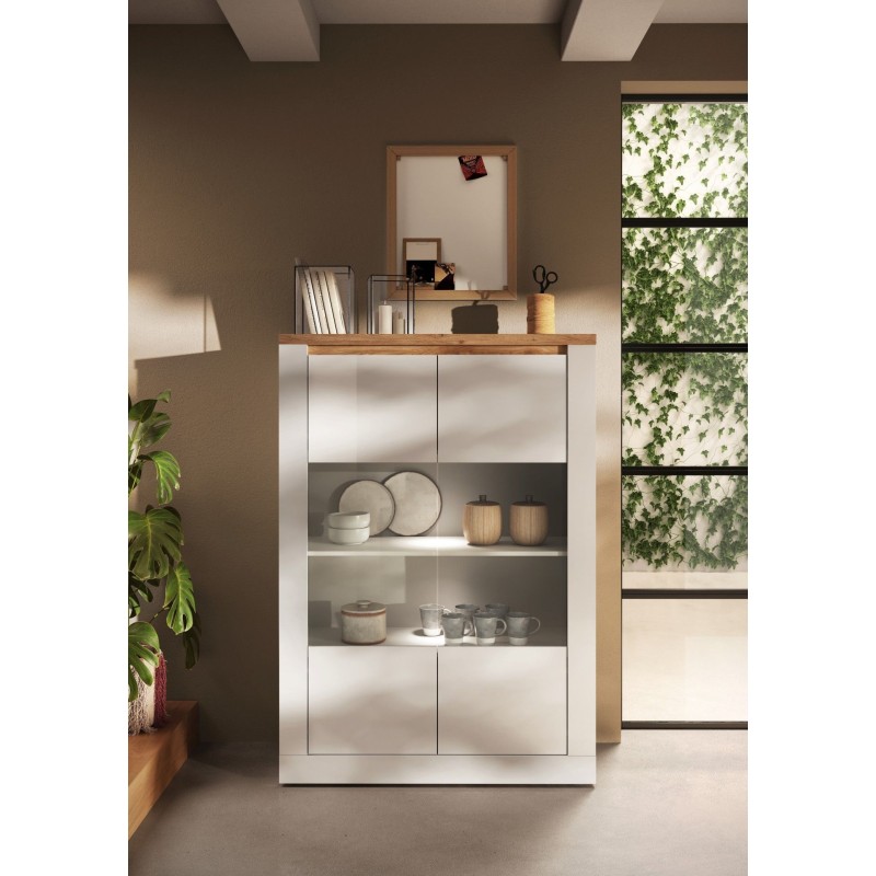 Vitrine - IMOLA - Blanc Laqué & Plateau Chene Cadiz - 2 Portes - 114