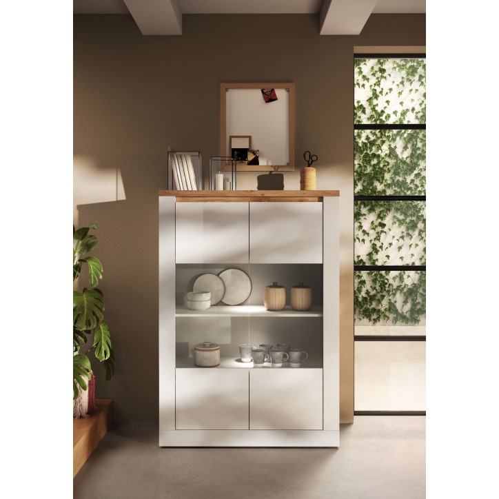 Vitrine - IMOLA - Blanc Laqué & Plateau Chene Cadiz - 2 Portes - 114 x 43 x 160 cm Vitrine - IMOLA - Blanc Laqué & Plateau Chene Cadiz - 2 Portes - 114 x 43 x 160 cm