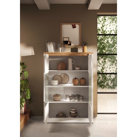 Vitrine - IMOLA - Blanc Laqué & Plateau Chene Cadiz - 2 Portes - 114 x 43 x 160 cm