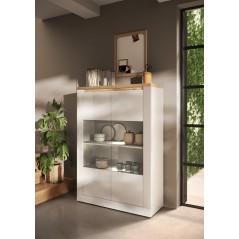 Vitrine - IMOLA - Blanc Laqué & Plateau Chene Cadiz - 2 Portes - 114