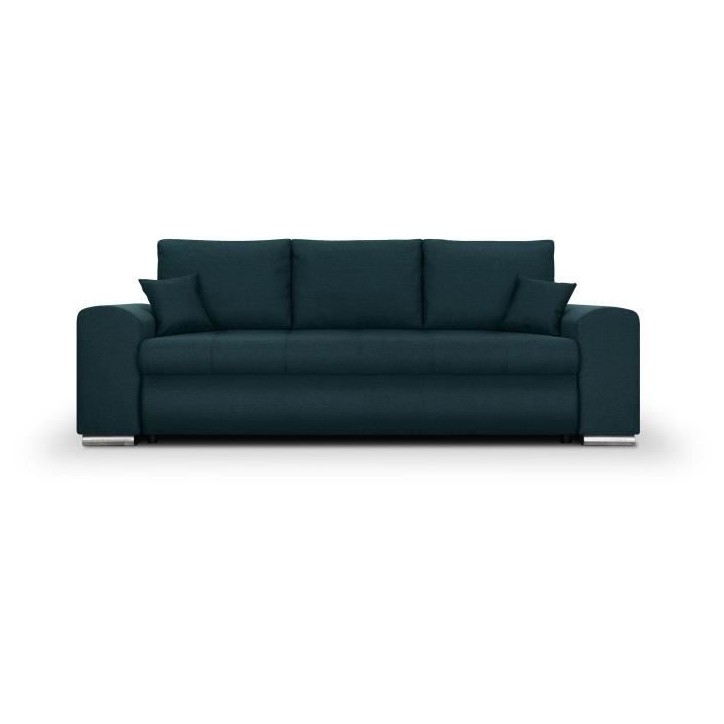 Canapé convertible avec coffre de rangement 3 places - INDIAN - Tissu bleu canard et pieds chrome - L250xH88xP98cm