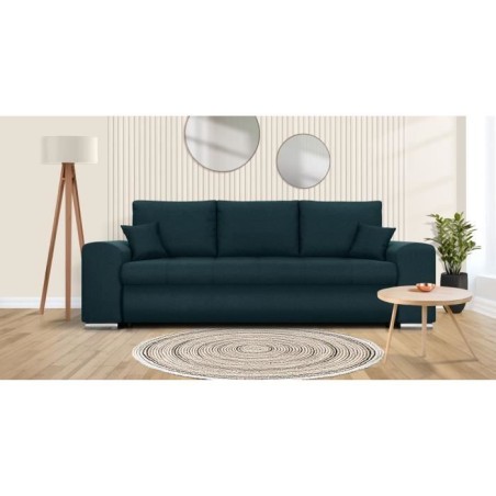 Canapé convertible avec coffre de rangement 3 places - INDIAN - Tissu bleu canard et pieds chrome - L250xH88xP98cm
