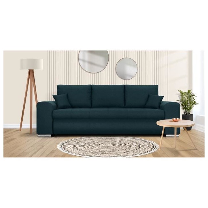 Canapé convertible avec coffre de rangement 3 places - INDIAN - Tissu bleu canard et pieds chrome - L250xH88xP98cm