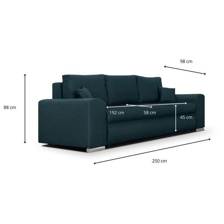 Canapé convertible avec coffre de rangement 3 places - INDIAN - Tissu bleu canard et pieds chrome - L250xH88xP98cm