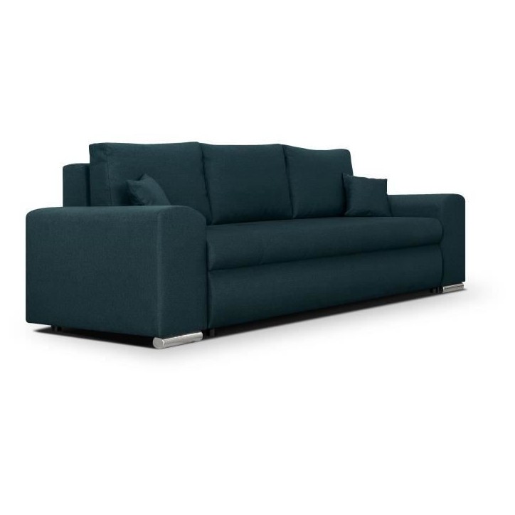 Canapé convertible avec coffre de rangement 3 places - INDIAN - Tissu bleu canard et pieds chrome - L250xH88xP98cm