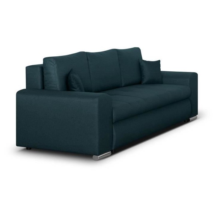 Canapé convertible avec coffre de rangement 3 places - INDIAN - Tissu bleu canard et pieds chrome - L250xH88xP98cm