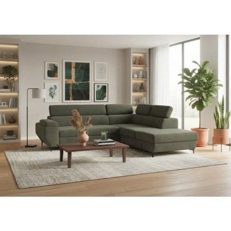 Canapé d'angle gauche convertible - 3 places - JAVA - Tissu Vert Foret - Tetieres et coffre - 262 x 235 x 96 cm - CONFORTEAM