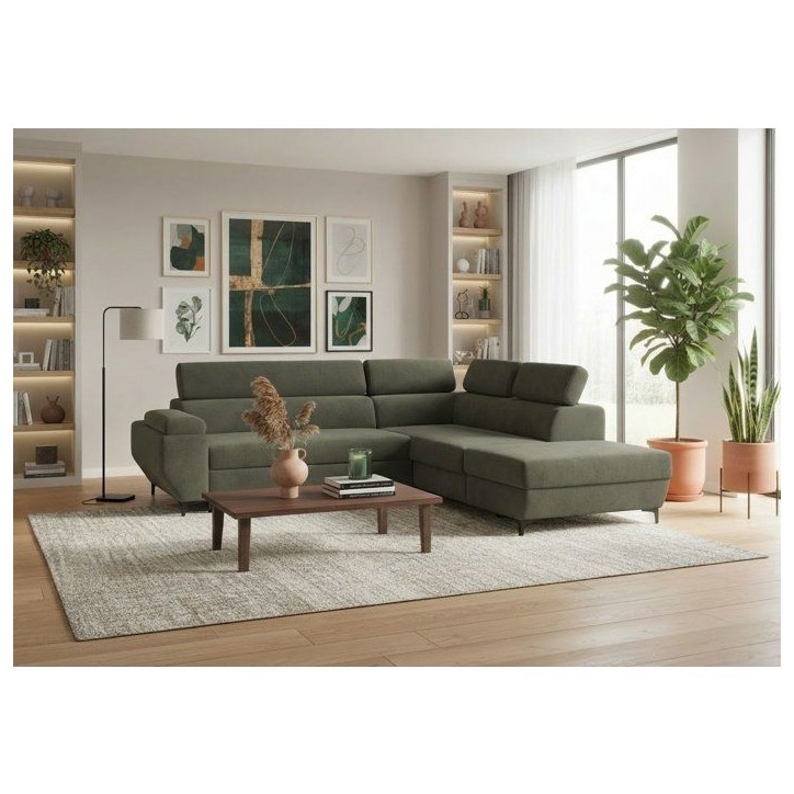 Canapé d'angle gauche convertible - 3 places - JAVA - Tissu Vert Foret - Tetieres et coffre - 262 x 235 x 96 cm - CONFORTEAM