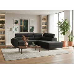 Canapé d'angle gauche convertible - 3 places - JAVA - Tissu Noir - Tetieres et coffre - 262 x 235 x 96 cm - CONFORTEAM