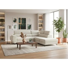 Canapé d'angle gauche convertible - 3 places - JAVA - Tissu Sable - Tetieres et coffre - 262 x 235 x 96 cm - CONFORTEAM