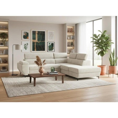 Canapé d'angle gauche convertible - 3 places - JAVA - Tissu Sable - Tetieres et coffre - 262 x 235 x 96 cm - CONFORTEAM