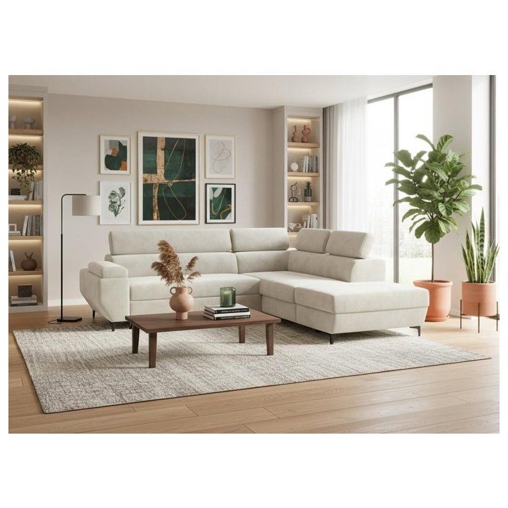 Canapé d'angle gauche convertible - 3 places - JAVA - Tissu Sable - Tetieres et coffre - 262 x 235 x 96 cm - CONFORTEAM Canapé d'angle gauche convertible - 3 places - JAVA - Tissu Sable - Tetieres et coffre - 262 x 235 x 96 cm - CONFORTEAM