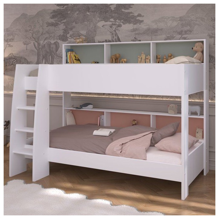 PARISOT Lits superposés enfant 2 x 90x200 cm - Décor Vert Céladon/Terracotta et Blanc Ombre - Sommiers inclus - JIM PARISOT Lits superposés enfant 2 x 90x200 cm - Décor Vert Céladon/Terracotta et Blanc Ombre - Sommiers inclus - JIM