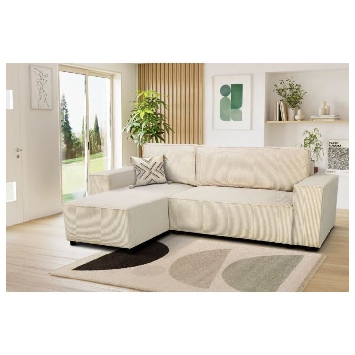 Canapé d'angle convertible réversible - 4 places - JOSH - Tissu velours cotelé Perle - Coffre - 242 x 155 x 86 cm Canapé d'angle convertible réversible - 4 places - JOSH - Tissu velours cotelé Perle - Coffre - 242 x 155 x 86 cm