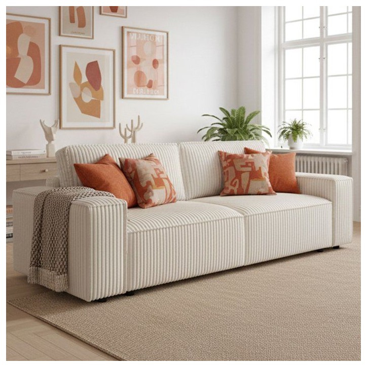 Canapé convertible 3 places - JOSH - Tissu velours grosses côtes beige - Coffre - 239 x 86 x 85 cm Canapé convertible 3 places - JOSH - Tissu velours grosses côtes beige - Coffre - 239 x 86 x 85 cm
