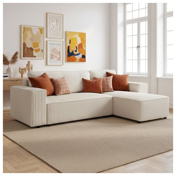 Canapé d'angle convertible réversible 4 places - JOSH - Tissu velours grosses côtes Beige - 242 x 155 x 86 cm Canapé d'angle convertible réversible 4 places - JOSH - Tissu velours grosses côtes Beige - 242 x 155 x 86 cm