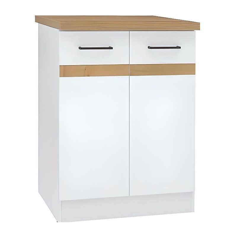 JUNONA Meuble bas de cuisine 60 cm - 2 Portes - Plan de travail - Blan