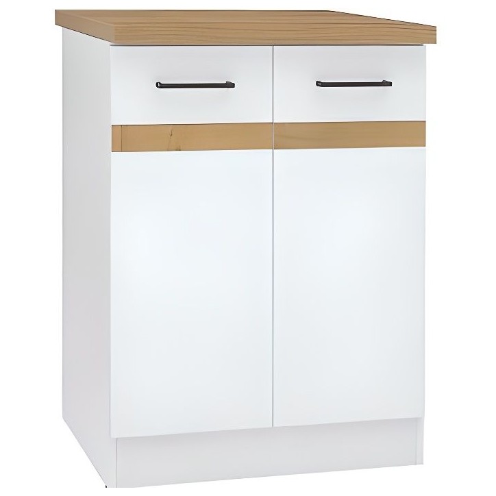 JUNONA Meuble bas de cuisine 60 cm - 2 Portes - Plan de travail - Blanc brillant