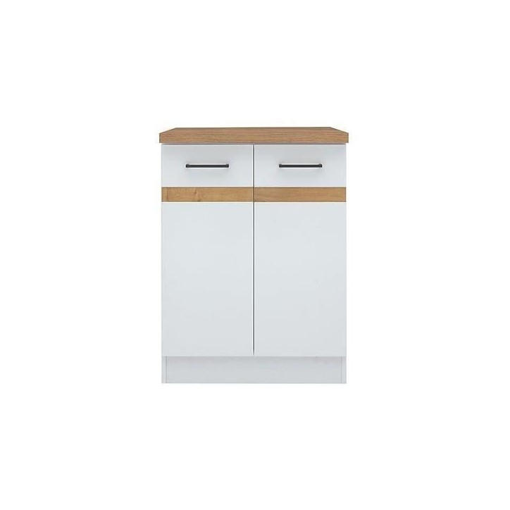 JUNONA Meuble bas de cuisine 60 cm - 2 Portes - Plan de travail - Blanc brillant