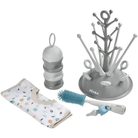 BEABA, Coffret naissance, Egoutte biberon arbre grey + Boite doseuses light/dark mist + Goupillon silicone + Bavoir coton tropic