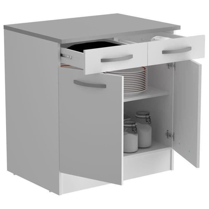 OSLO Meuble Bas 2 portes + 2 tiroirs + plan - Blanc - L 80 x P 60 x H 86 cm OSLO Meuble Bas 2 portes + 2 tiroirs + plan - Blanc - L 80 x P 60 x H 86 cm
