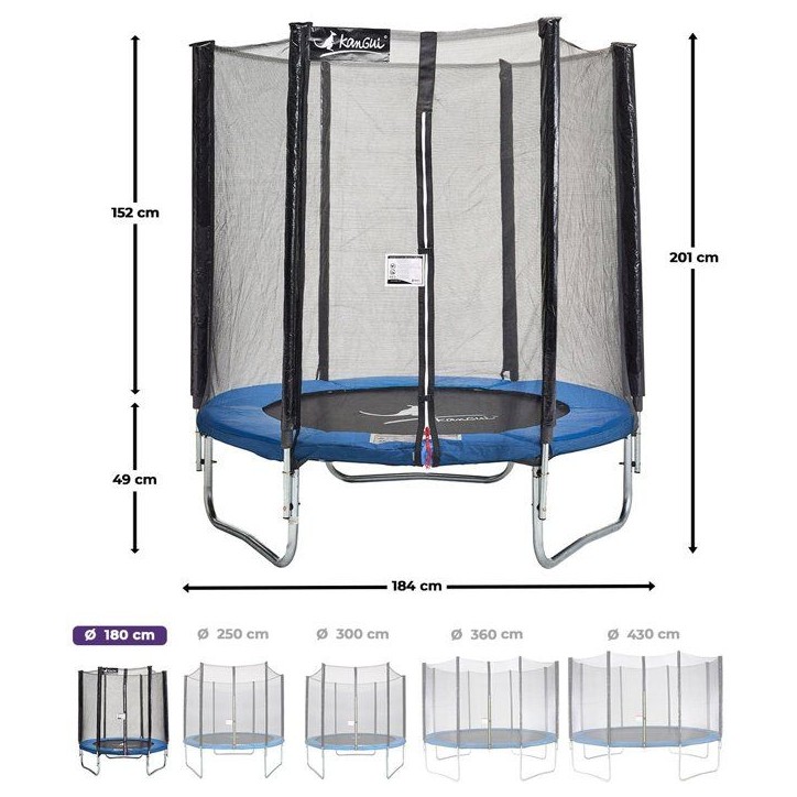 Trampoline KANGUI - BLEU Ø 180-183 cm – Enfant – Filet de sécurité – Certification CE & NF EN 71–14