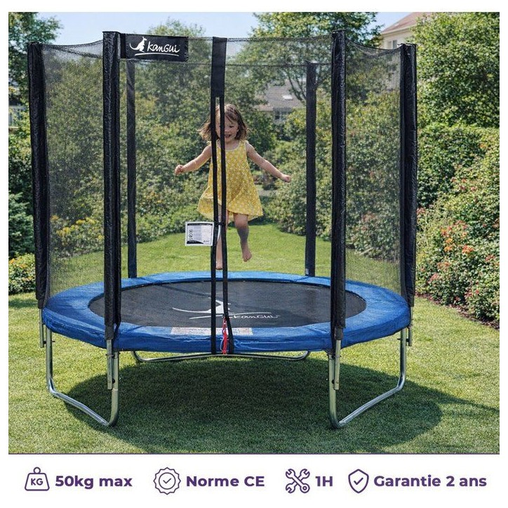 Trampoline KANGUI - BLEU Ø 180-183 cm – Enfant – Filet de sécurité – Certification CE & NF EN 71–14