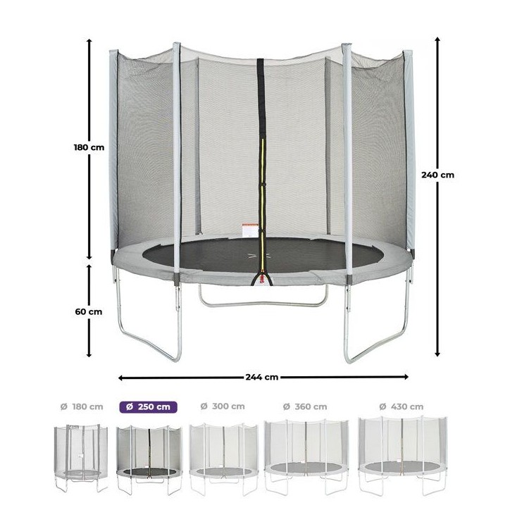 Trampoline Ø 250 cm Gris - KANGUI - Maxi Eco Avec Filet Trampoline Ø 250 cm Gris - KANGUI - Maxi Eco Avec Filet